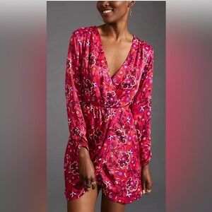 Anthropologie Maeve Wrap Mini Dress Pink Floral Long Sleeve Size Small.